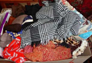 Box of assorted vintage clothing, including pashmina and gloves
