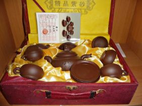 Chinese Yixing pottery tea set in case