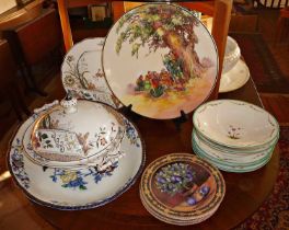 Royal Doulton "Under the Greenwood Tree" charger, Gustavberg tureen, four Limoges 'Scof' plates