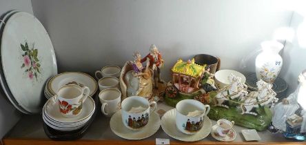 Two continental china figure groups, Victorian Welsh "Tea Party" moustache cups etc and Susie Cooper