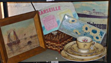 Small marine oil on canvas signed Edwin Knight (1906-1982) (A/F) with some Mintons teaware and