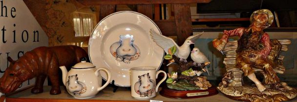 Arthur Wood teapot, plate and mug with Capo Dimonte type figure of a flashing drunk on a bench and a
