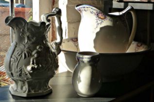 Jug and basin with toothbrush mug and a 19thc "Harvest" pitcher (A/F)