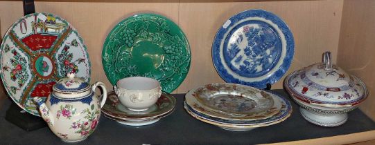 Assorted china including green leaf plate, other plates, etc