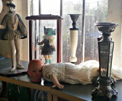 Pair of mirrored candlesticks, cased model of a Hopi Warrior, a resin figure of Walter Raleigh and a