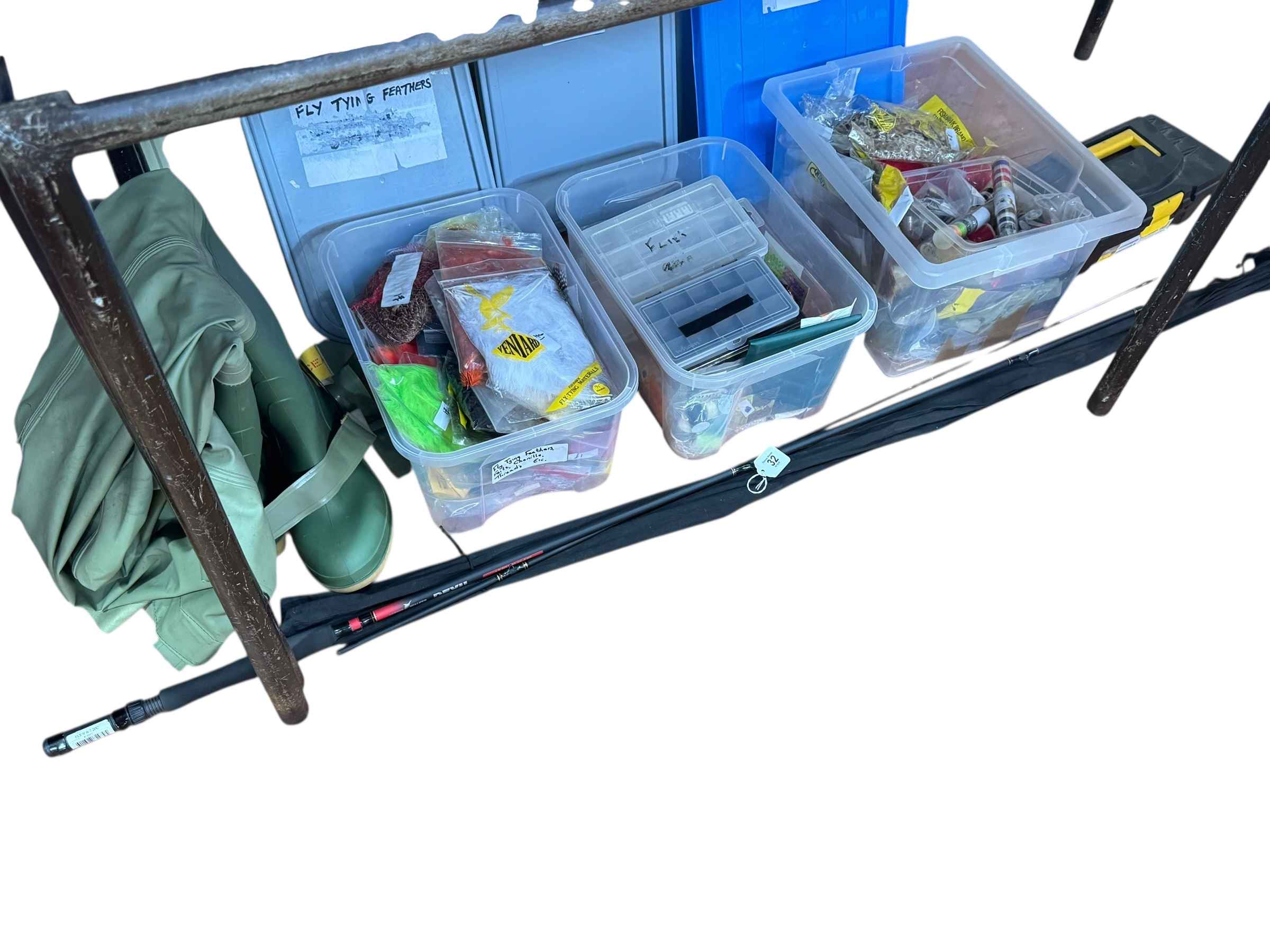 Four boxes of fly tying equipment, rod and chest waders.