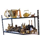 Collection of copper and brass wares, including beaten brass coal bucket, copper bugle, Martingales,
