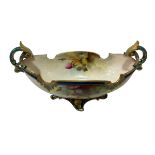 Royal Worcester boat shaped two-handled vase painted with roses, 24cm across.