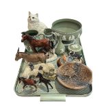 Wedgwood Green Jasperware bowl, two jugs, vase and trinket box, Beswick Cat, Donkey, two Foals,