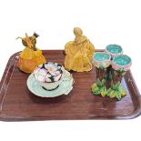 Majolica triple spill vase, two Wade figures and Paragon cup and saucer.