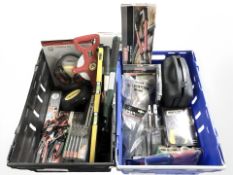 Hand tools, hearing protectors, spirit level and other hardware.