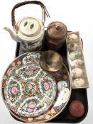 A group of oriental export items including plates, cinnabar lacquer circular trinket box,