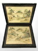 A pair of oriental painted and lacquered panels, depicting village scenes,