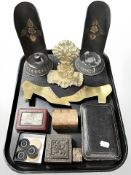 A pair of 19th century Toleware candlesticks, a brass wheatsheaf fireside ornament,