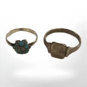 A 9ct yellow gold signet ring together with a further antique yellow gold ring set with turquoise.