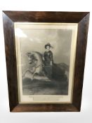 A 19th century engraving of Queen Victoria on horse back in rosewood frame,