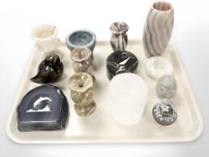 A group of polished hardstone ornaments, seagull figure, agate specimen decorated with a dolphin,