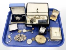 A group of jewellery to include yellow metal chains, crucifix pendant, Kigu compact,