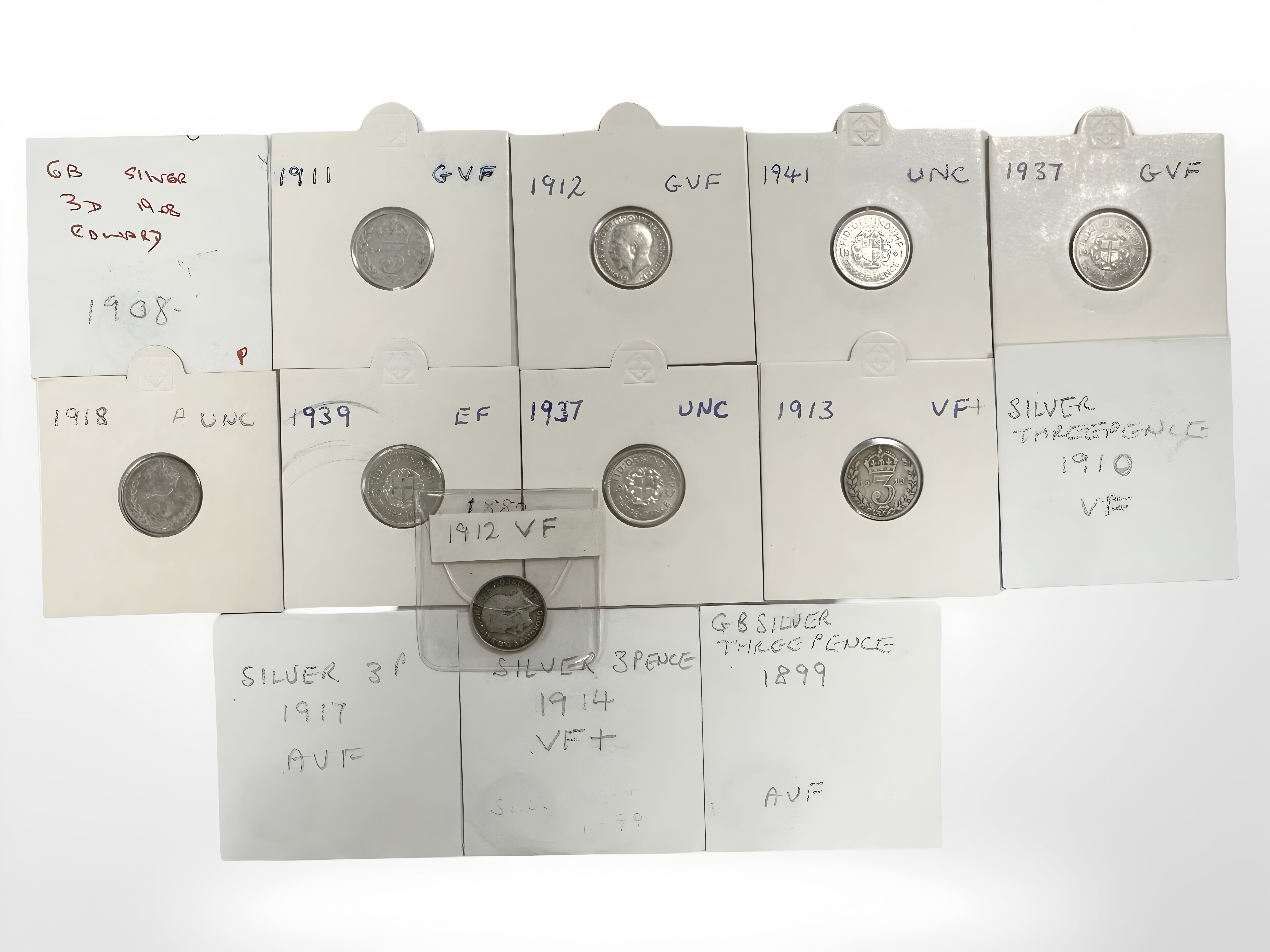 Fourteen three pence pieces, Victorian to George VI, including 1937 and 1941 uncirculated,