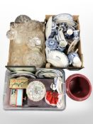 Assorted pressed glass, blue and white ceramics, Chinese carved hardstone desk seal, etc.