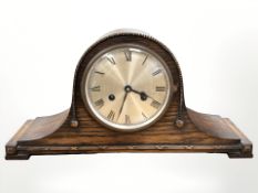 An oak Napoleon hat mantel clock, with key,