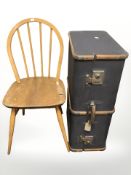 An Ercol elm and beech spindle back dining chair and a vintage luggage case