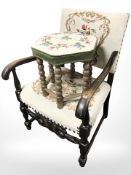 An oak tapestry upholstered armchair and similar hexagonal stool.
