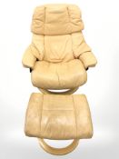 A Danish bentwood and leather swivel lounge chair with matching footstool.