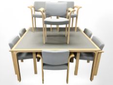 A Danish Magnus Olesen laminated bentwood office table, 155 cm x 155 cm x 72 cm,