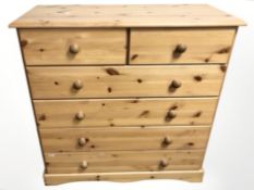 A modern pine six drawer chest, 90 cm x 39 cm x 91 cm.