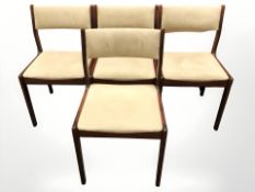 A set of four Danish Findahls stained wooden dining chairs in suede upholstery