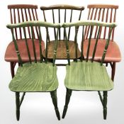 Five various beech spindle back chairs