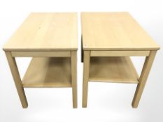 A pair of contemporary Danish beech two tier occasional tables,