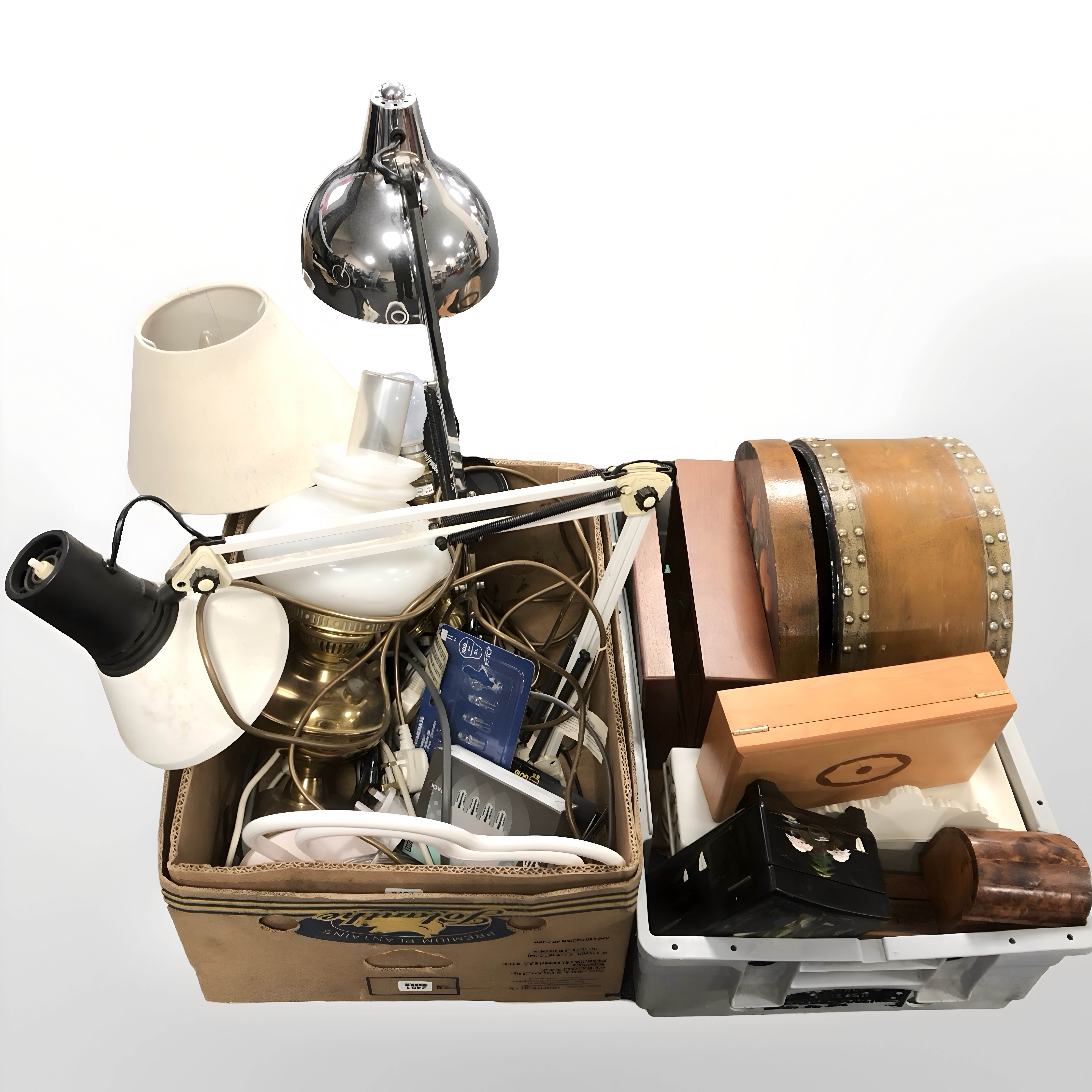 A group of various wooden table boxes, oil lamp, angle poised lamps, etc.