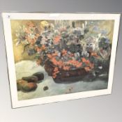 A continental colour print depicting flowers in a bowl, 97 cm x 80 cm.