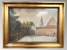 An early 20th century colour print depicting a walled palace, 52 cm x 36 cm.