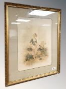 An early 20th century colour print depicting a lady collecting fruit, 32 cm x 43 cm.