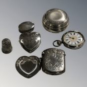 A silver vesta, fob watch, pill box with gilded interior, two further boxes,