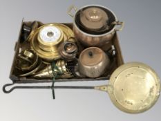 Brass and copper wares, circular cased barometer,