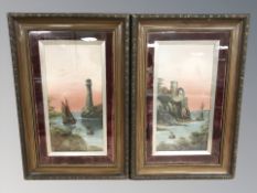 Early 20th Century School : Fishing boats by a cliffside, oil on canvas, 48 cm x 24 cm,