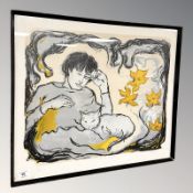 Danish School : Lithographic print depicting a woman with a cat,
