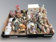 Assorted animal figurines, continental figures, Mailing pink lustre biscuit barrel and similar jug,