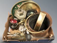 Metal wares including a hammered copper coal helmet with swing handle, brass charger, lantern,