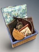An old sewing box containing double photograph frame, ceramic photograph frame, old tile in frame,