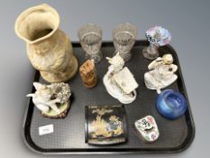 A group of ceramics and glass items including pottery cider jug, antique Meissen style figures,