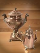 A copper and brass twin handled samovar, height 37 cm, together with a coffee pot.
