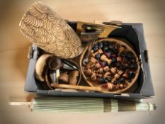 A set of turned wooden chess pieces, other treen items, an oriental parasol, religious icon.