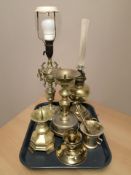 A gilt brass continental table lamp, further oil lamp, a pestle and mortar,