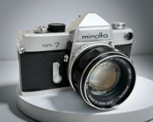 A Minolta SR-7 35mm film camera with MC Rokkor-PF 1:1.4 f=58mm lens.