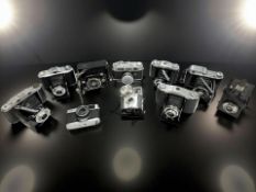 A collection of 35mm and antique film cameras to include Olympus Trip 35 (af), Rank Mamiya,